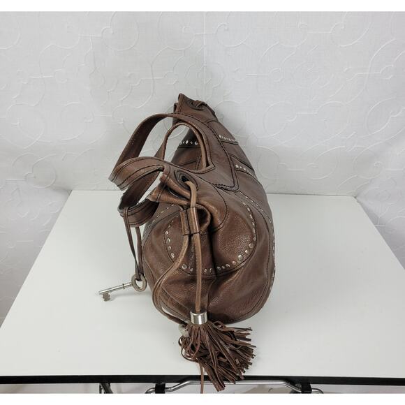 Fossil Fifty Four Womens Shoulder Bag Brown Leather Tassels Studded Hobo Western - Picture 4 of 13